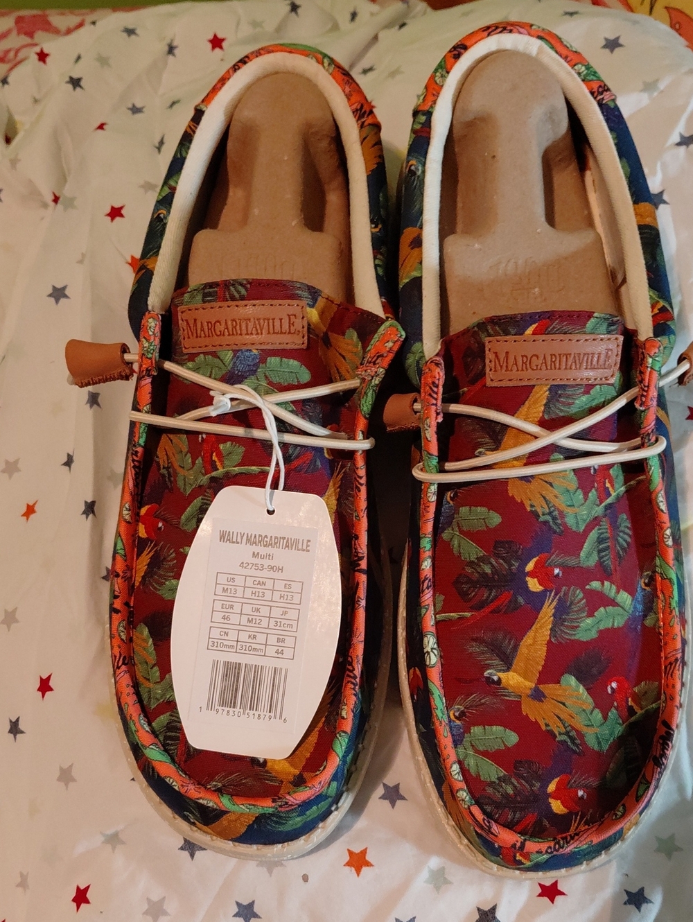 Margaritaville  HEY DUDE Men's Tropical Parrot Loafers in Red, Green, Yellow